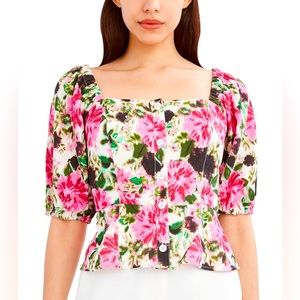 NWT BCBGMAXAZRIA Women's Fitted 3/4 Poof Sleeve Floral Front Button Peplum Top